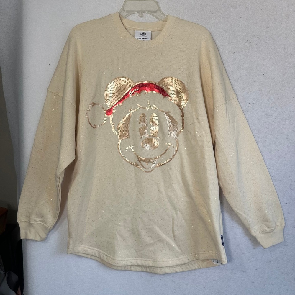 Disney Spirit Jersey Walt Disney World Mickey Mouse Sequin Santa Hat Cream Small